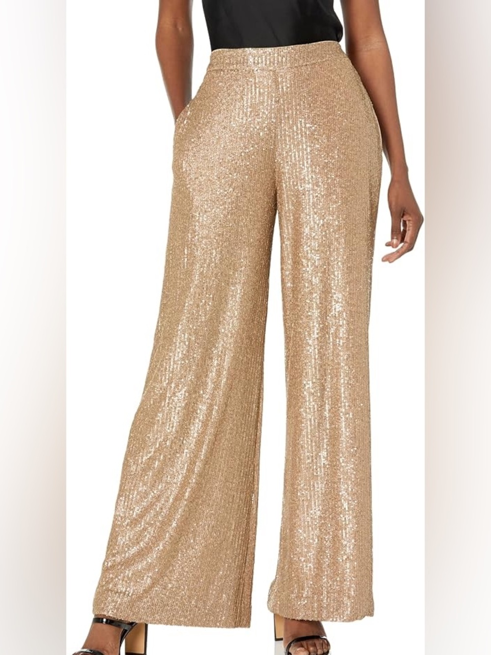 Trina Turk Atarashii Champagne Sequin Glitter Embellish Resort Wide Leg Pants L